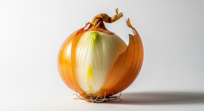 Partially peeled onion with exposed inner layers on white background