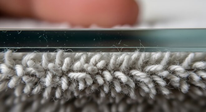 A close-up, macro perspective reveals the intricate textures of a soft, grey towel beneath a smooth, clear glass surface, with a human finger barely visible in the background, highlighting the subtle