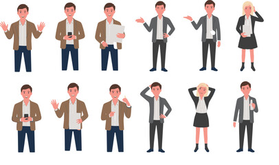 Fototapeta premium Diverse group of professional business people characters in modern office attire showing communication gestures, teamwork collaboration, leadership expressions, and workplace interaction for corporate