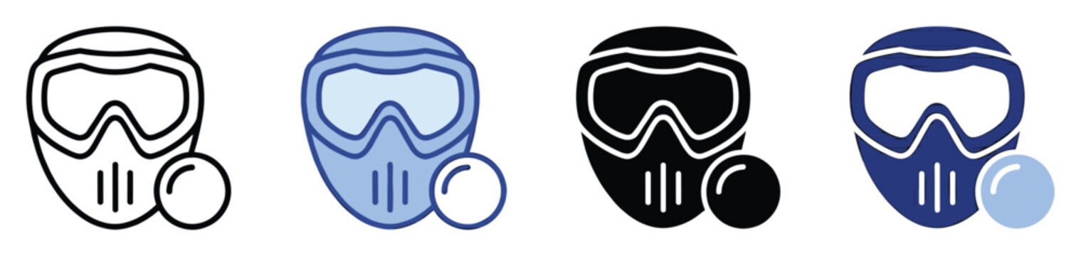 Paintball mask and paintball equipment icons, perfect for sporting goods, game UI, and recreation concepts.