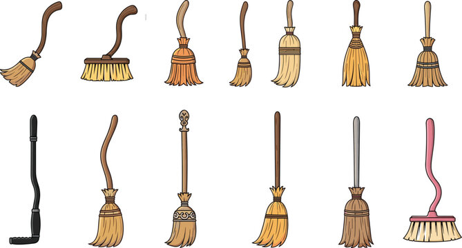 Collection of various broom icons and wooden besom vectors isolated on white background for cleaning service or magic themes