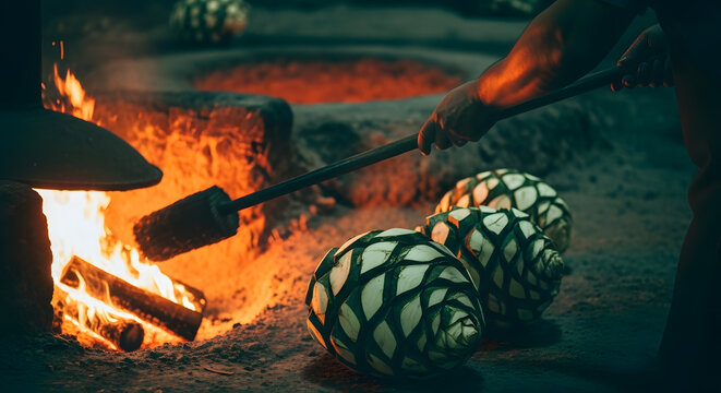 Close up of worker using a pole to move agave pinas over an open fire pit
