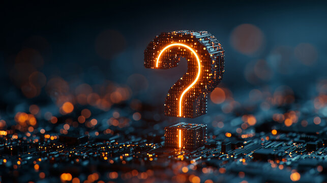 Glowing orange question mark hovers over dark digital background with blue and orange lights. Concept for tech uncertainty, digital problem solving, and seeking information.