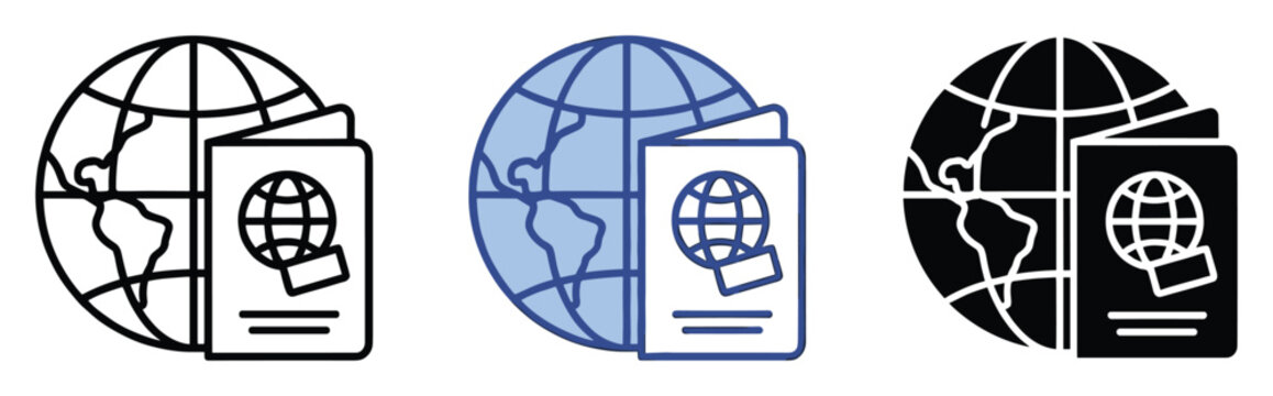 Globe and passport icon representing international travel and global mobility services for various digital and print applications