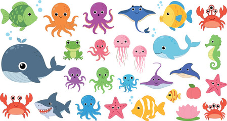 Cute Marine Animals Set Including Fish, Octopus, Crab, Whale, and More in Colorful Cartoon Style © Rubya