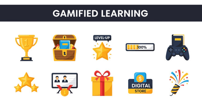 Gamified learning concept with rewards icons.