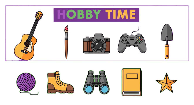 Hobby Time Leisure Activities Icons Set.