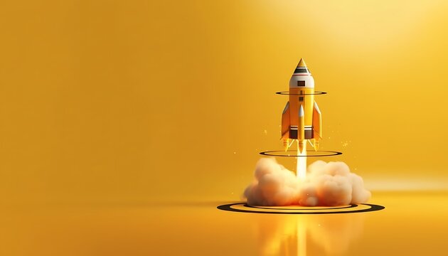 3D rocket launching from a circular base on a solid yellow background