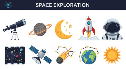 Space exploration icons and symbols collage. © Faisal