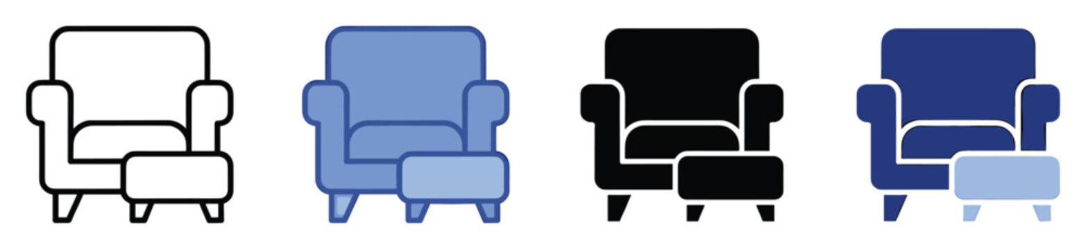 Comfortable armchair and ottoman furniture icon set perfect for home decor applications and interior design projects