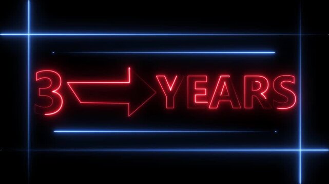 Arrow line 3 years neon light red color animation dynamic text. Rectangle from line 3 years warranty label badge design on  black background.