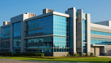 Obraz premium modern corporate office building with glass facade and clear blue sky in urban business district