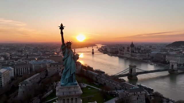 A stunning aerial view captures the Statue of Liberty replica in Budapest, Hungary, bathed in the warm glow of a setting sun over the Danube River and the city's iconic skyline.