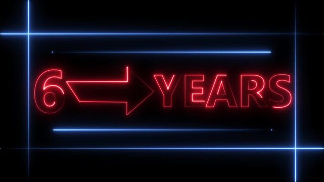 Arrow line 6 years neon light red color animation dynamic text. Rectangle from line 6 years warranty label badge design on  black background.