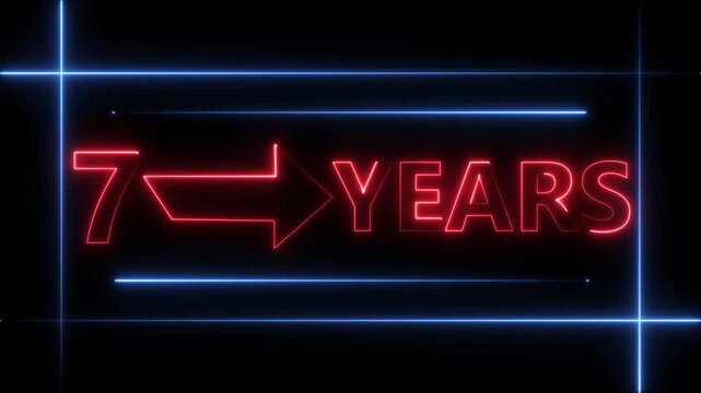 Arrow line 7 years neon light red color animation dynamic text. Rectangle from line 7 years warranty label badge design on  black background.