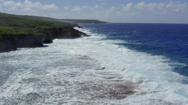 Aerial Drone View of Waves Breaking on Tropical Coast in Niue