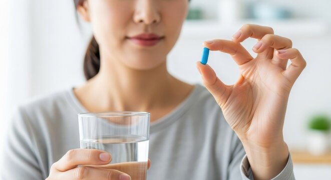파란색 알약과 물이 담긴 유리잔을 들고 있는 여성, 건강 및 영양제 복용 콘셉트