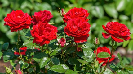 Fototapeta premium Blooming Cluster of Red Roses with Rich Green Leaves 