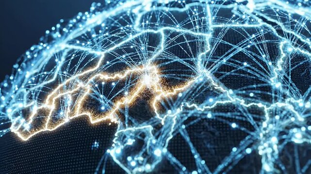 A futuristic digital globe depicts the continent of Africa with glowing interconnected networks, symbolizing global communication and technological advancement.