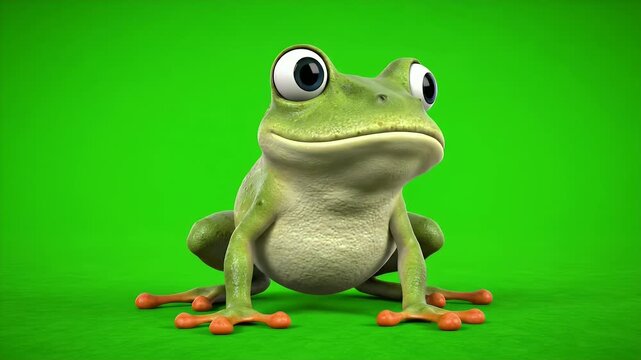 A charming 3D render of a green frog with large expressive eyes and bright orange toes sits poised on a textured surface against
