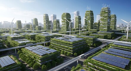Obraz premium Sustainable urban landscape with green buildings and renewable energy sources