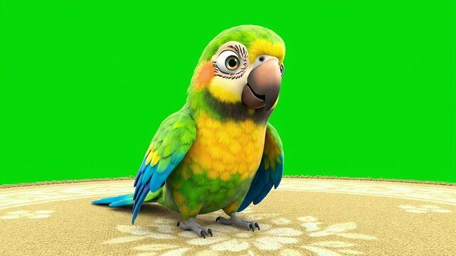 A Charming 3D Render of a Small Green and Yellow Parrot With Blue Wing Tips Standing on a Sandy Surface Against a Vibrant Green