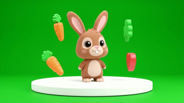A Charming 3D Rendered Brown Bunny Character Stands Centered on a White Circular Stage Surrounded by Floating Carrots A Shamrock