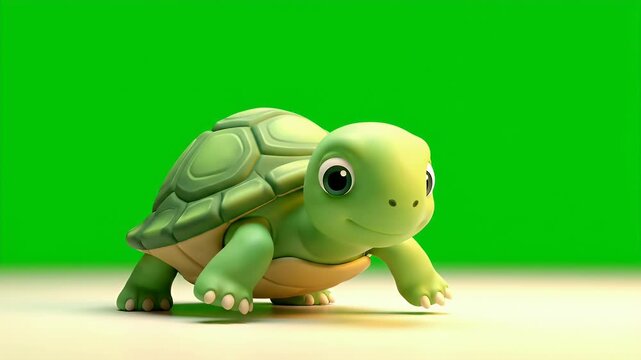 A charming 3D rendered cartoon baby turtle with a textured green shell and a friendly smile walks forward with its eyes wide open