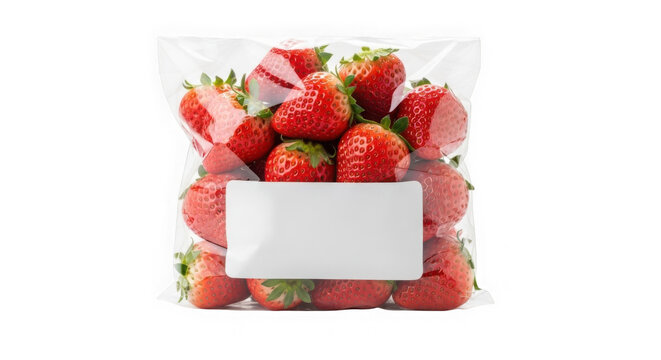 Fresh strawberries packaged in a clear plastic bag with a white label.