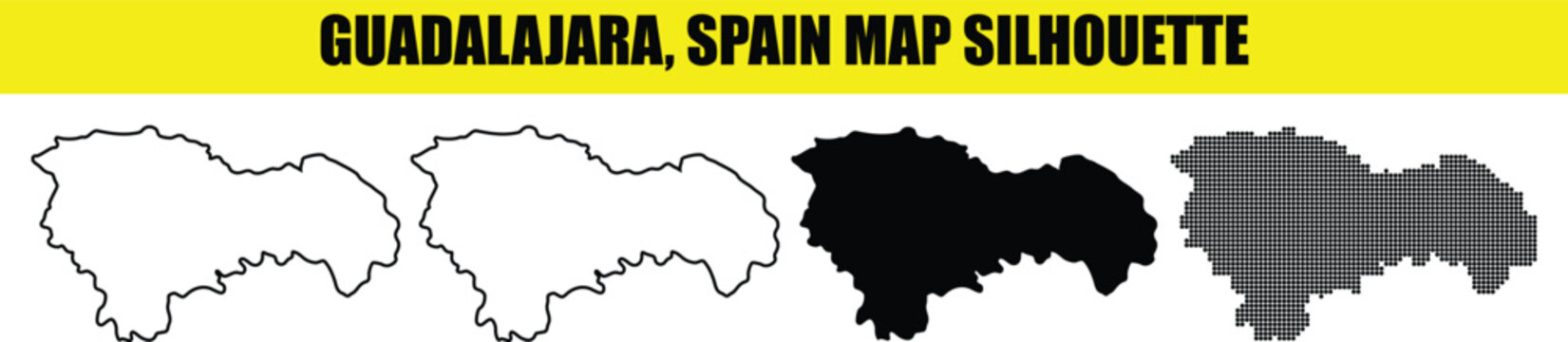 Guadalajara spain map silhouette set with thin outline border solid black fill and decorative dotted pattern vector elements.