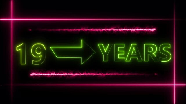 Abstract count 19 -years neon bright sign lime green color animation. Neon great celebrates year animation 4k video.