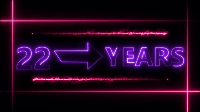 Arrow line 22 years neon light purple  color animation dynamic text. Rectangle from line 22 years warranty label badge design on  black background.