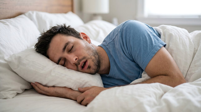 Young man sleeping soundly in a comfortable bed at home in the morning with signs of snoring or sleep apnea while resting under white sheets in a cozy bedroom
