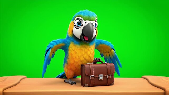 A charming blue and gold macaw parrot stands attentively beside a vintage brown leather briefcase on a wooden surface against a