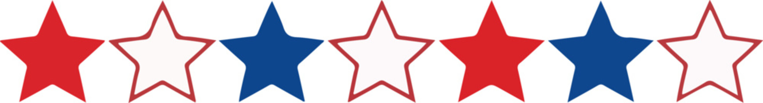 Seven alternating red blue and white outlined stars arranged in a horizontal line for patriotic design and american holiday celebration