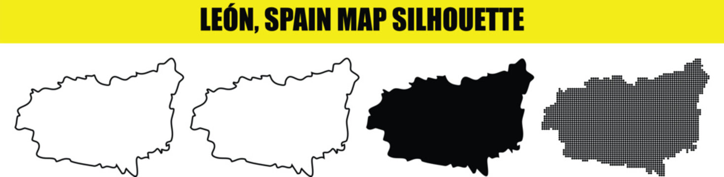 Leon spain map silhouette white outline solid black and dotted filled area on transparent background vector illustration.