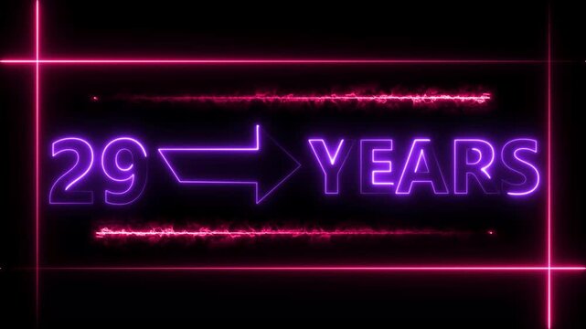 Arrow line 29 years neon light purple  color animation dynamic text. Rectangle from line 29 years warranty label badge design on  black background.