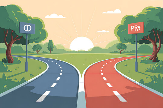 Fork in the road with PHP and PRY signs on signs on cartoon highway