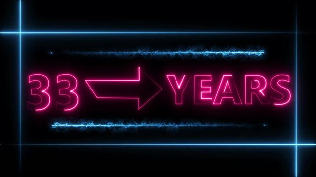 Arrow line 33 years neon light magenta red  color animation dynamic text. Rectangle from line 33 years warranty label badge design on  black background.