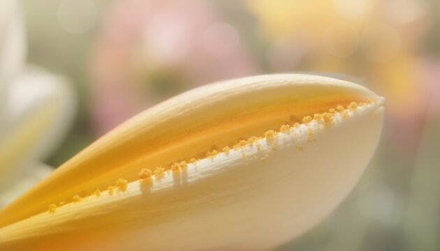 Close-up macro view of yellow flower stamen and pollen with soft bokeh background