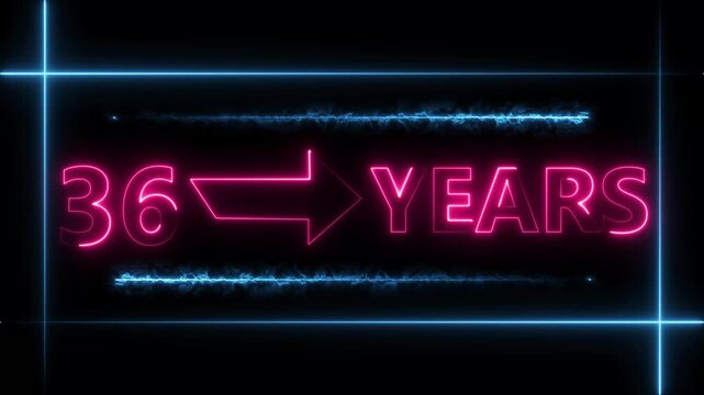 Arrow line 36 years neon light magenta red  color animation dynamic text. Rectangle from line 36 years warranty label badge design on  black background.