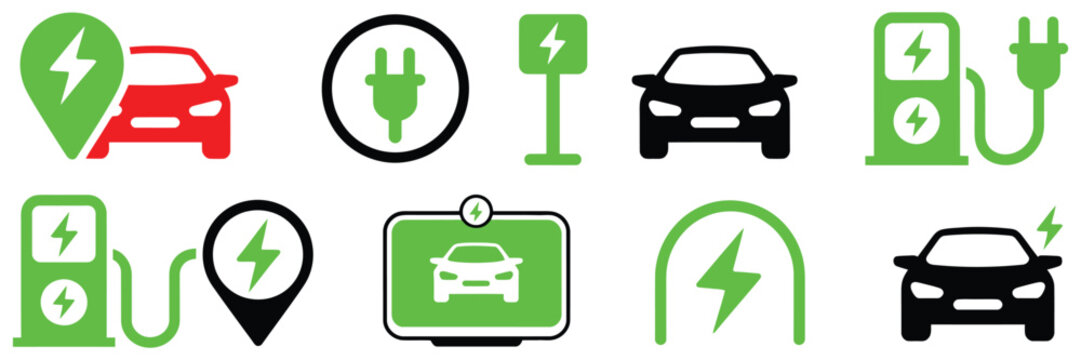 Electric car charging icon set, vector illustrations of EV charging station, plug, socket, hybrid car, and green electric car with plug symbol, clean flat and outline design for sustainable transport
