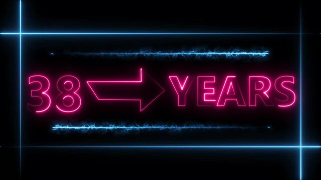 Arrow line 38 years neon light magenta red  color animation dynamic text. Rectangle from line 38 years warranty label badge design on  black background.