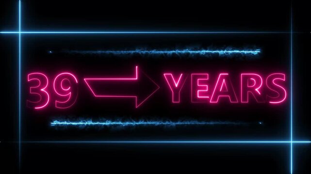 Arrow line 39 years neon light magenta red  color animation dynamic text. Rectangle from line 39 years warranty label badge design on  black background.