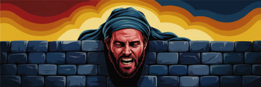 Dramatic biblical illustration of anguished man in blue headscarf behind stone wall with retro sunset sky and emotional expression
