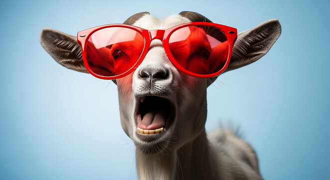 Close up view of white goat wearing large red sunglasses on light blue background with wide open mouth making funny face.