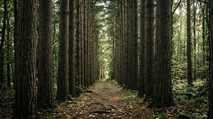 Fototapeta premium Dense Forest Path with Tall Pine Trees in Natural Light