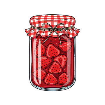 Strawberry jam jar with fabric lid cover in clean hand-drawn vector illustration