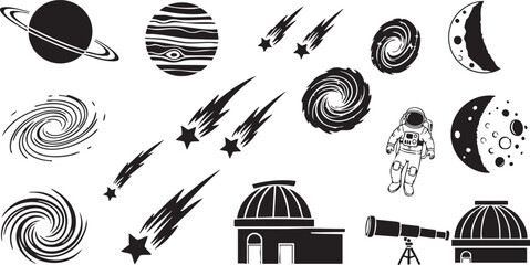 A collection of space elements including planets stars and an astronaut © Mala