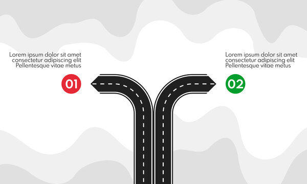 2 different direction road lines, two options infographic template, forked road business strategy concept